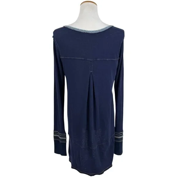 Free People Blue Slouchy Exposed Stitch Embellished Henley Top | Boho Grunge S - Picture 8 of 16